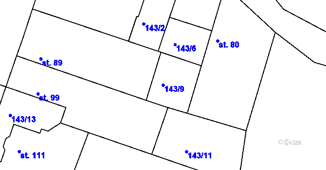 Parcela st. 143/9 v KÚ Hlavenec, Katastrální mapa