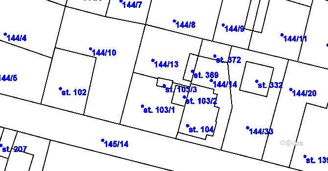 Parcela st. 103/3 v KÚ Hlavenec, Katastrální mapa