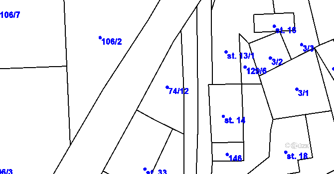 Parcela st. 74/12 v KÚ Přestanice, Katastrální mapa