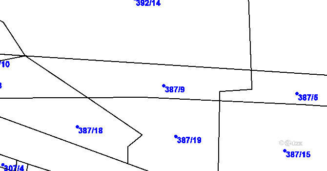 Parcela st. 387/9 v KÚ Hliněný Újezd, Katastrální mapa