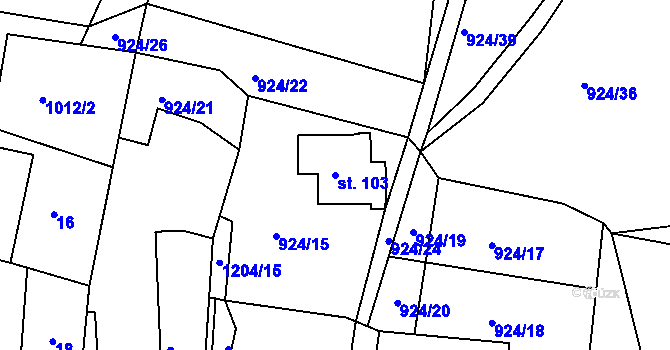 Parcela st. 103 v KÚ Hlinná, Katastrální mapa