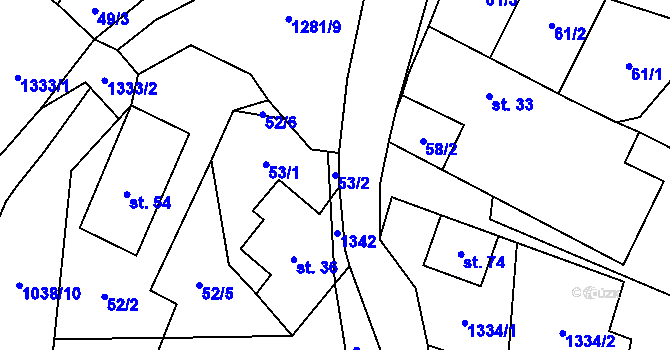 Parcela st. 53/2 v KÚ Lbín, Katastrální mapa