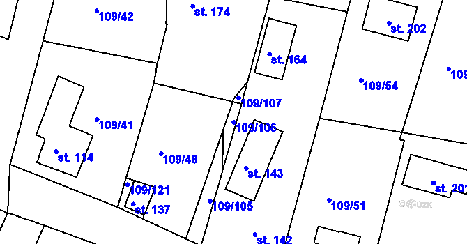 Parcela st. 109/106 v KÚ Srní u Hlinska, Katastrální mapa