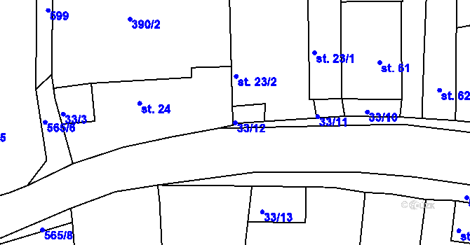 Parcela st. 33/12 v KÚ Hlohovice, Katastrální mapa