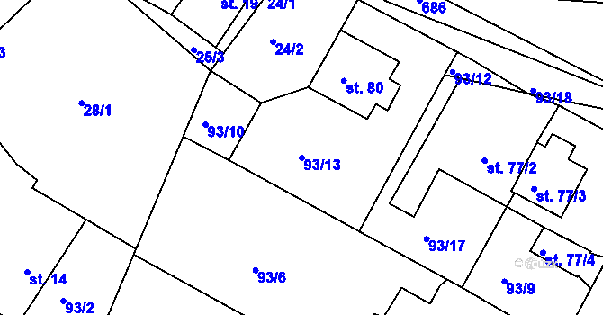 Parcela st. 93/13 v KÚ Svinná u Hlohovic, Katastrální mapa