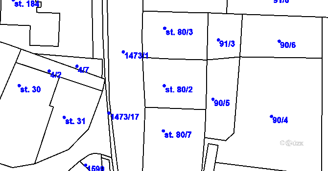 Parcela st. 80/2 v KÚ Hlubočec, Katastrální mapa
