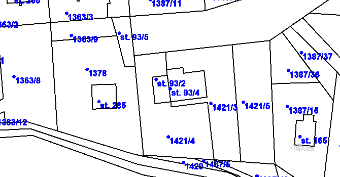 Parcela st. 93/4 v KÚ Hlubočec, Katastrální mapa