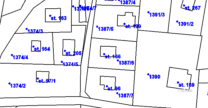 Parcela st. 166 v KÚ Hlubočec, Katastrální mapa
