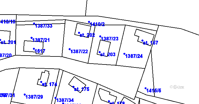 Parcela st. 203 v KÚ Hlubočec, Katastrální mapa