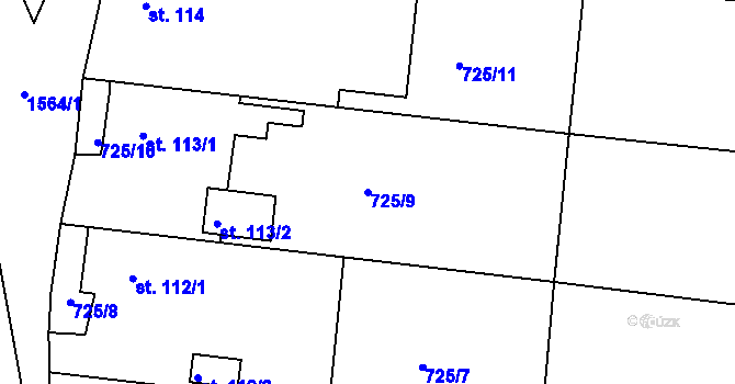 Parcela st. 725/9 v KÚ Hlubočec, Katastrální mapa