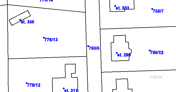 Parcela st. 750/5 v KÚ Hlubočec, Katastrální mapa