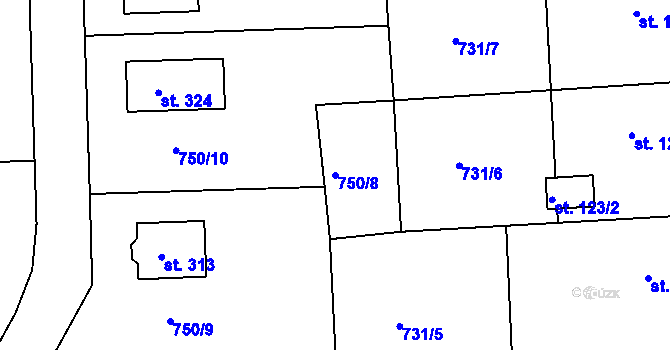 Parcela st. 750/8 v KÚ Hlubočec, Katastrální mapa