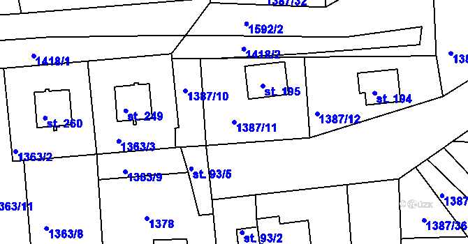 Parcela st. 1387/11 v KÚ Hlubočec, Katastrální mapa