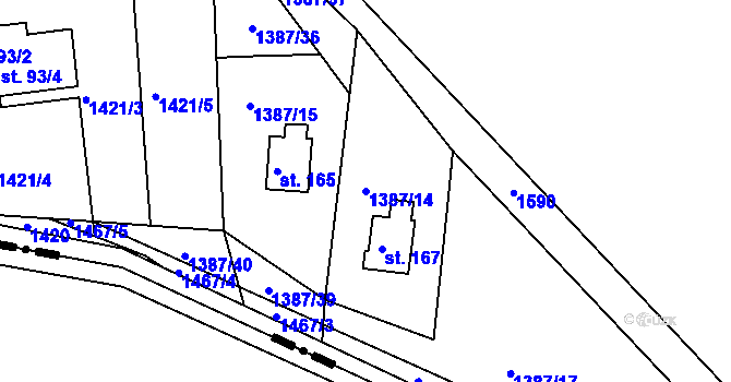 Parcela st. 1387/14 v KÚ Hlubočec, Katastrální mapa