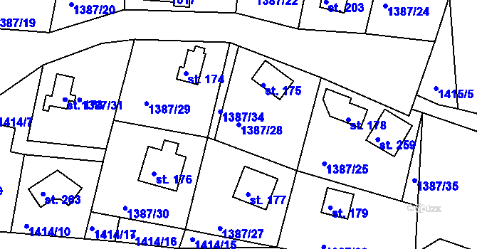 Parcela st. 1387/28 v KÚ Hlubočec, Katastrální mapa
