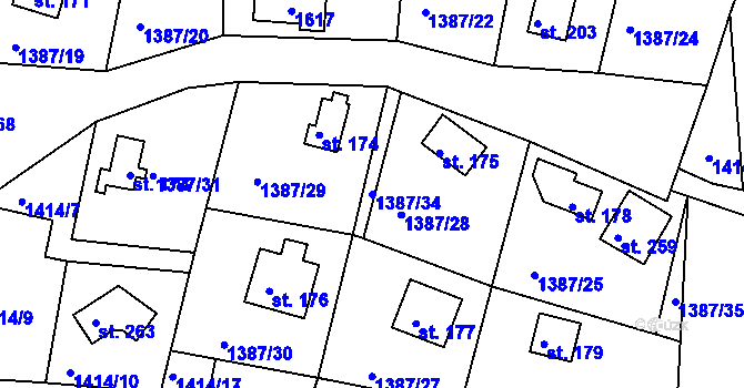 Parcela st. 1387/34 v KÚ Hlubočec, Katastrální mapa