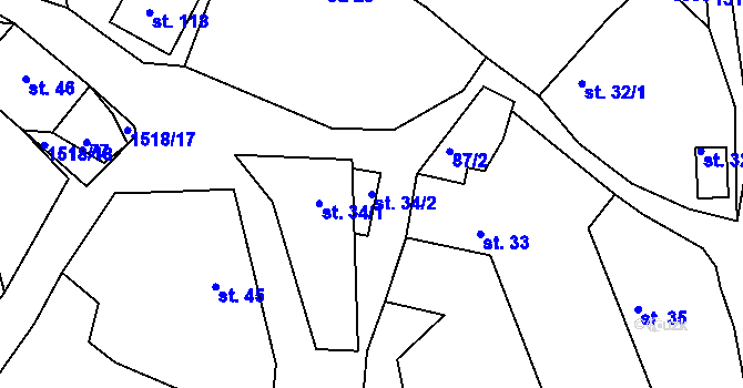 Parcela st. 34/2 v KÚ Hlubočec, Katastrální mapa