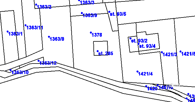 Parcela st. 285 v KÚ Hlubočec, Katastrální mapa