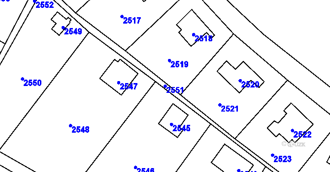 Parcela st. 2551 v KÚ Hlubočky, Katastrální mapa