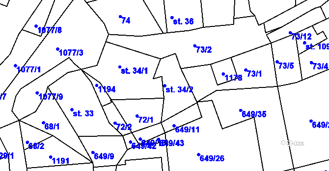 Parcela st. 34/2 v KÚ Hluboš, Katastrální mapa