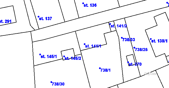 Parcela st. 141/1 v KÚ Hluboš, Katastrální mapa