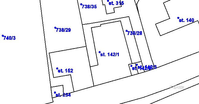 Parcela st. 142/1 v KÚ Hluboš, Katastrální mapa