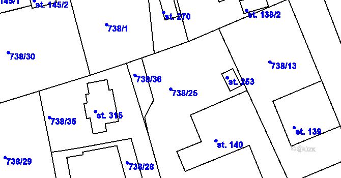 Parcela st. 738/25 v KÚ Hluboš, Katastrální mapa