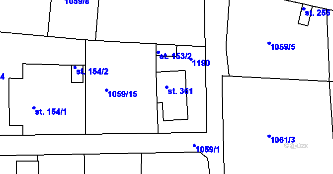 Parcela st. 361 v KÚ Hluboš, Katastrální mapa
