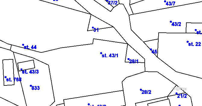 Parcela st. 43/1 v KÚ Hlubyně, Katastrální mapa