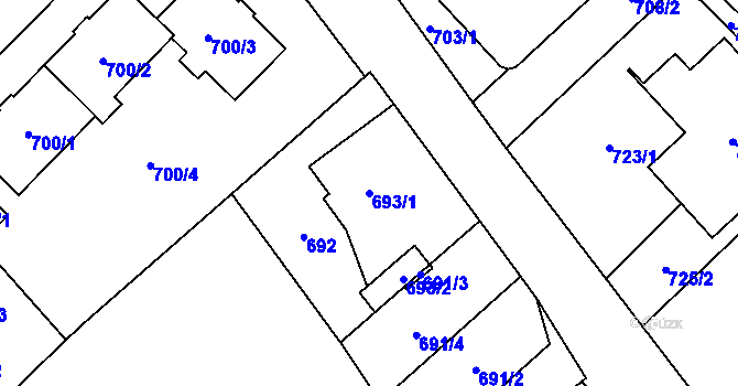 Parcela st. 693/1 v KÚ Hlučín, Katastrální mapa