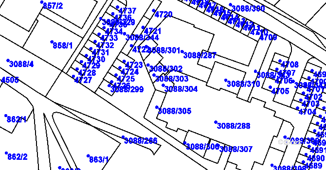 Parcela st. 3088/304 v KÚ Hlučín, Katastrální mapa
