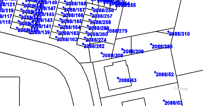 Parcela st. 2088/308 v KÚ Hlučín, Katastrální mapa