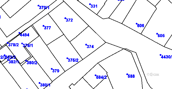 Parcela st. 374 v KÚ Hlučín, Katastrální mapa