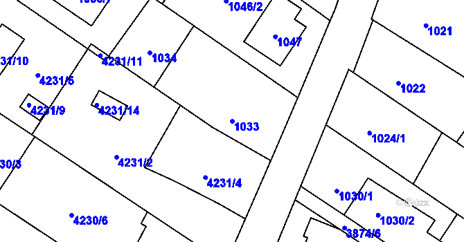 Parcela st. 1033 v KÚ Hlučín, Katastrální mapa