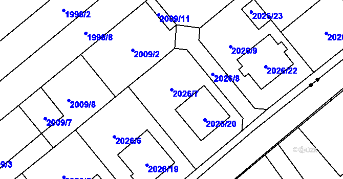 Parcela st. 2026/7 v KÚ Hlučín, Katastrální mapa