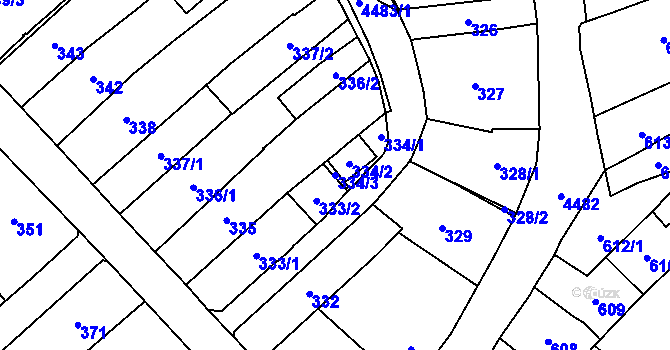 Parcela st. 334/3 v KÚ Hlučín, Katastrální mapa