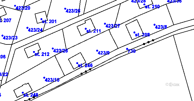 Parcela st. 423/9 v KÚ Hluchov, Katastrální mapa