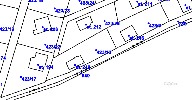 Parcela st. 423/10 v KÚ Hluchov, Katastrální mapa