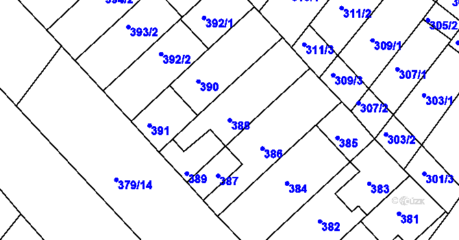 Parcela st. 388 v KÚ Hluk, Katastrální mapa