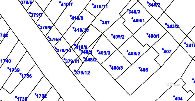 Parcela st. 409/3 v KÚ Hluk, Katastrální mapa