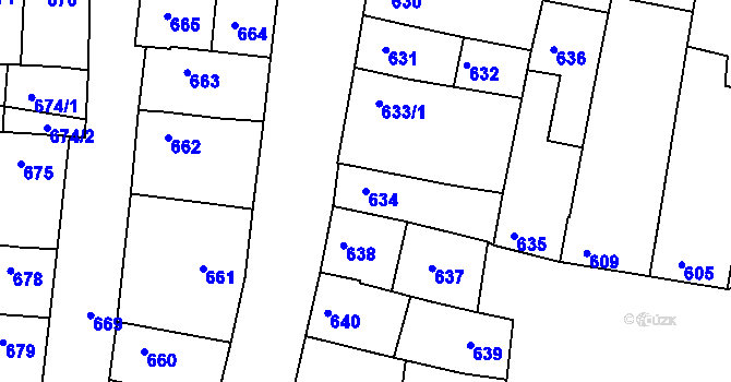 Parcela st. 634 v KÚ Hluk, Katastrální mapa