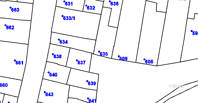 Parcela st. 635 v KÚ Hluk, Katastrální mapa