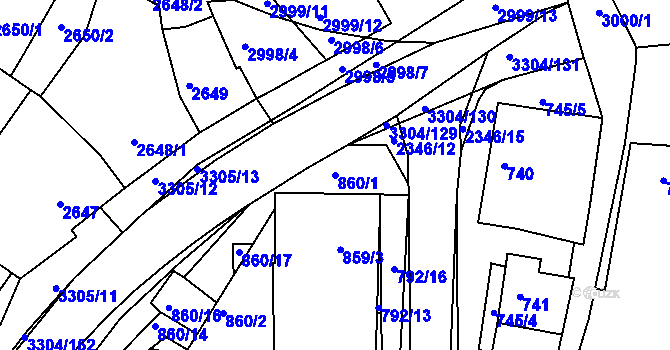 Parcela st. 860/1 v KÚ Hluk, Katastrální mapa
