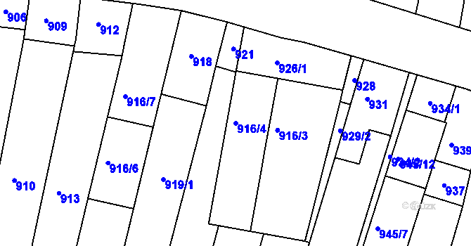 Parcela st. 916/4 v KÚ Hluk, Katastrální mapa