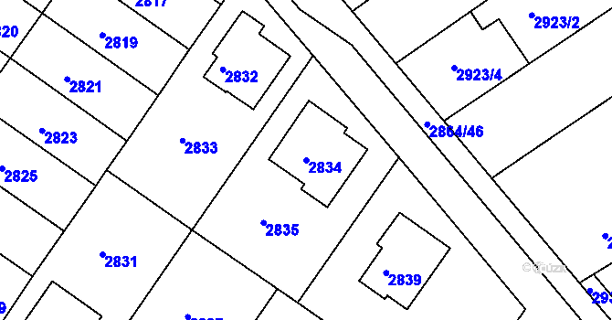 Parcela st. 2834 v KÚ Hluk, Katastrální mapa