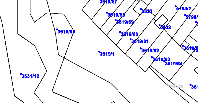 Parcela st. 3619/1 v KÚ Hluk, Katastrální mapa