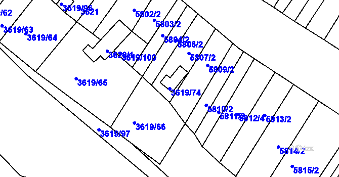 Parcela st. 3619/74 v KÚ Hluk, Katastrální mapa