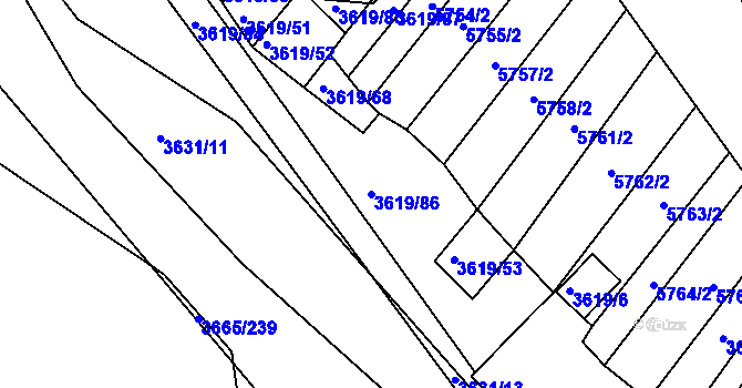 Parcela st. 3619/86 v KÚ Hluk, Katastrální mapa