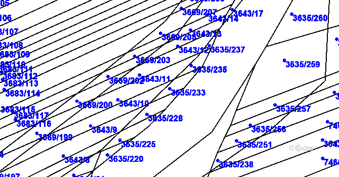 Parcela st. 3635/233 v KÚ Hluk, Katastrální mapa