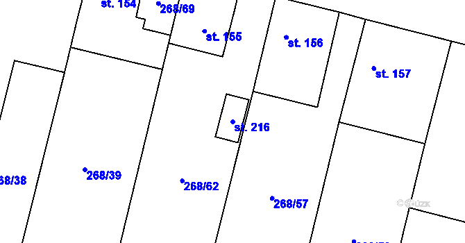 Parcela st. 216 v KÚ Hlušice, Katastrální mapa